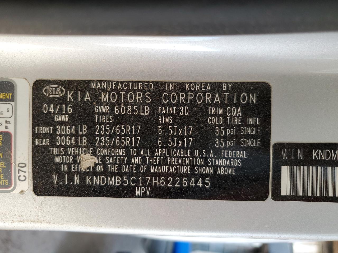 2017 Kia Sedona Lx VIN: KNDMB5C17H6226445 Lot: 52016445