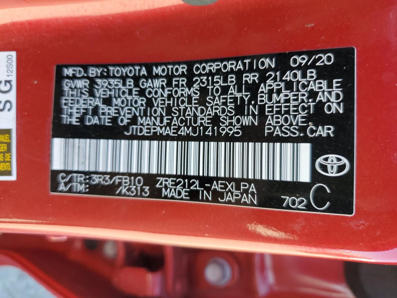 2021 Toyota Corolla Le VIN: JTDEPMAE4MJ141995 Lot: 52167235