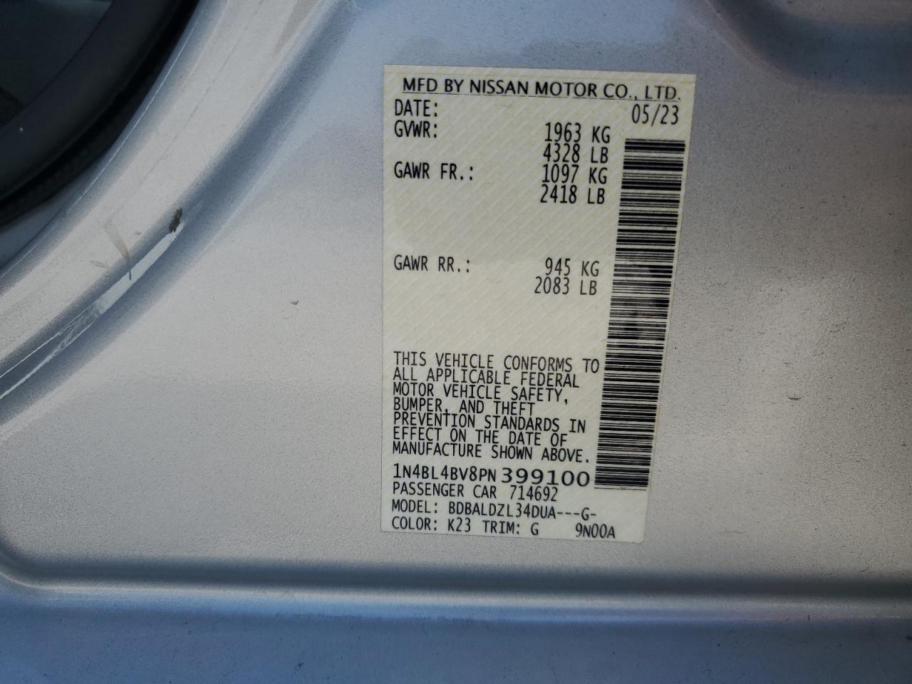 2023 Nissan Altima S VIN: 1N4BL4BV8PN399100 Lot: 53378775