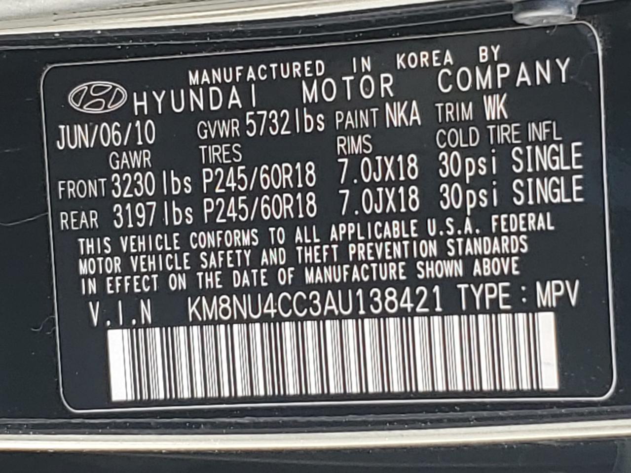 2010 Hyundai Veracruz Gls VIN: KM8NU4CC3AU138421 Lot: 53842775