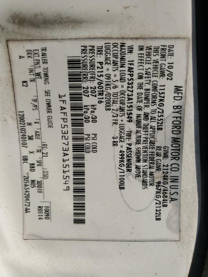 2003 Ford Taurus Se VIN: 1FAFP53273A151549 Lot: 51937315