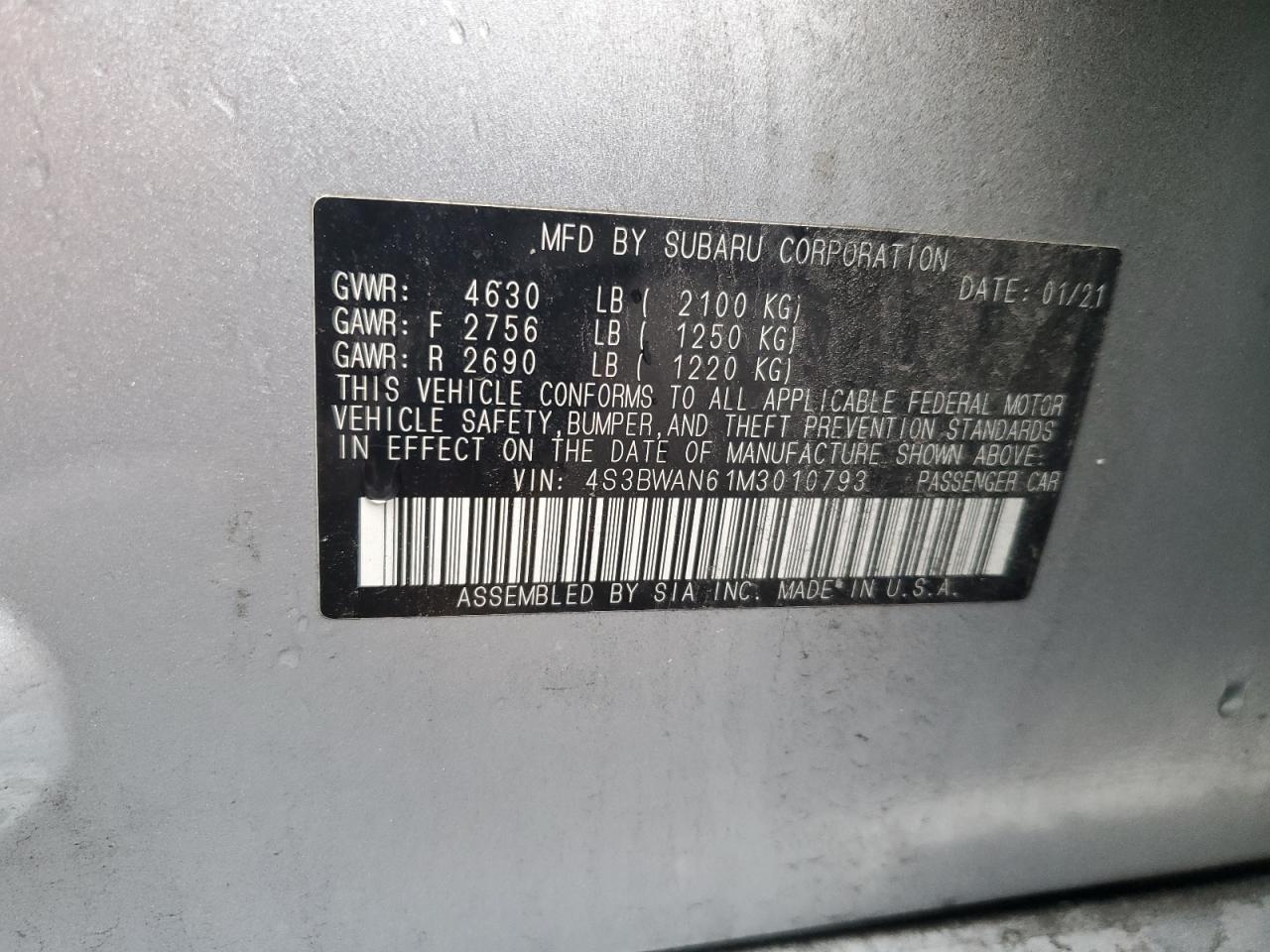 2021 Subaru Legacy Limited VIN: 4S3BWAN61M3010793 Lot: 53978325