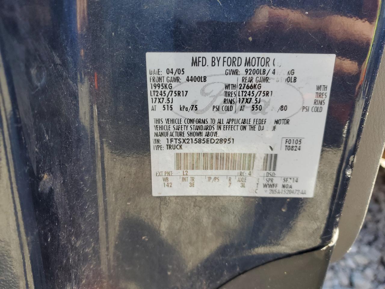 2005 Ford F250 Super Duty VIN: 1FTSX21585ED28951 Lot: 55117845