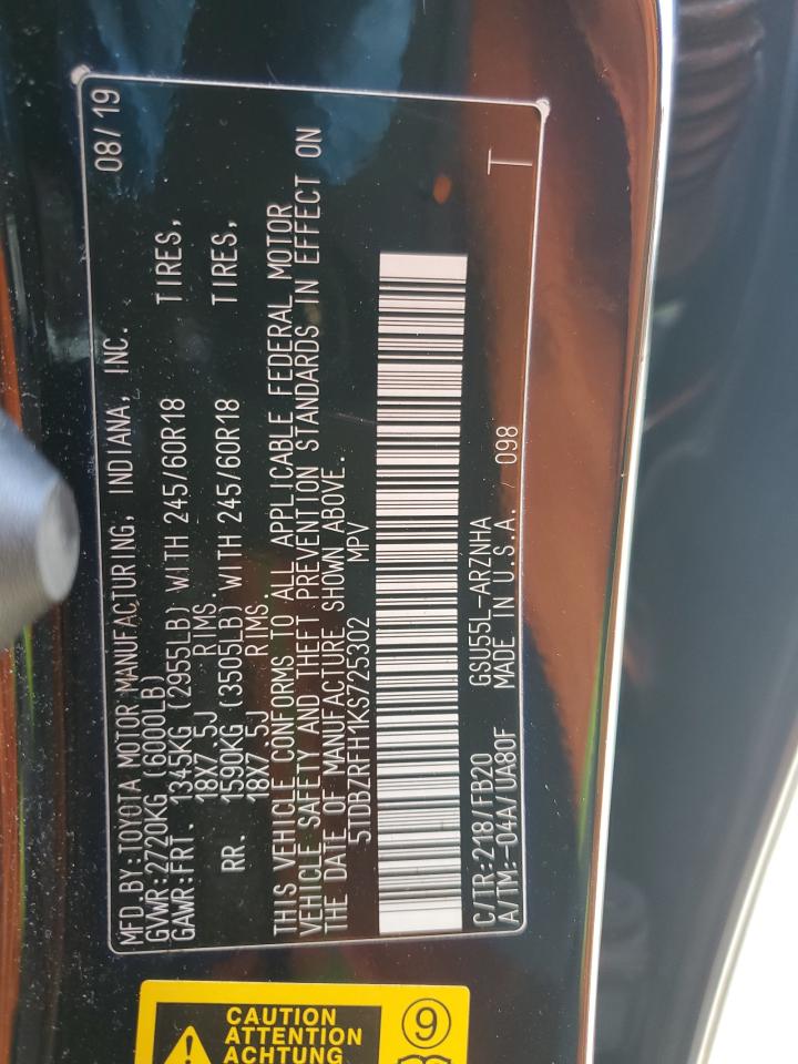 2019 Toyota Highlander Le VIN: 5TDBZRFH1KS725302 Lot: 53930265