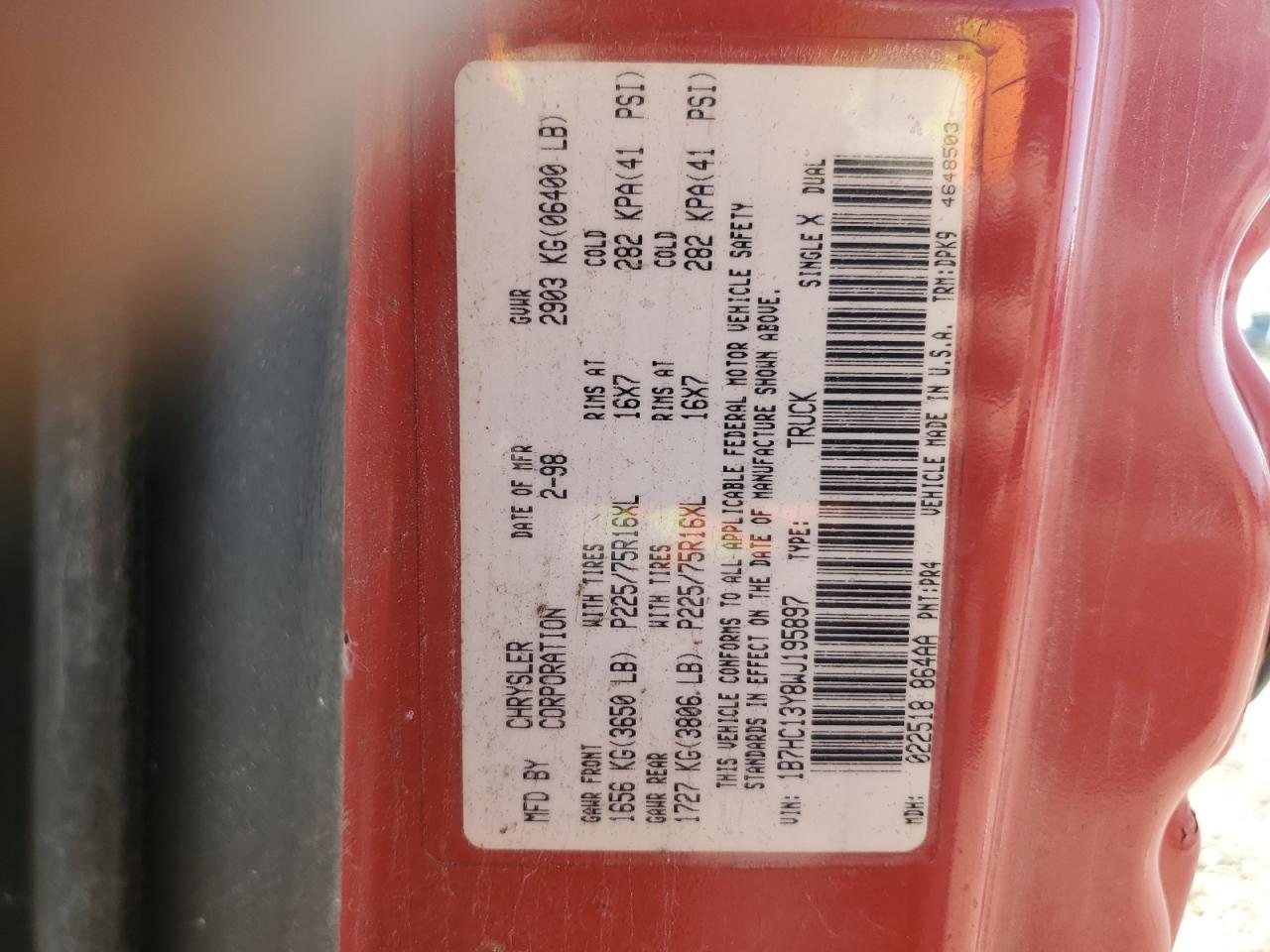 1998 Dodge Ram 1500 VIN: 1B7HC13Y8WJ195897 Lot: 51695335