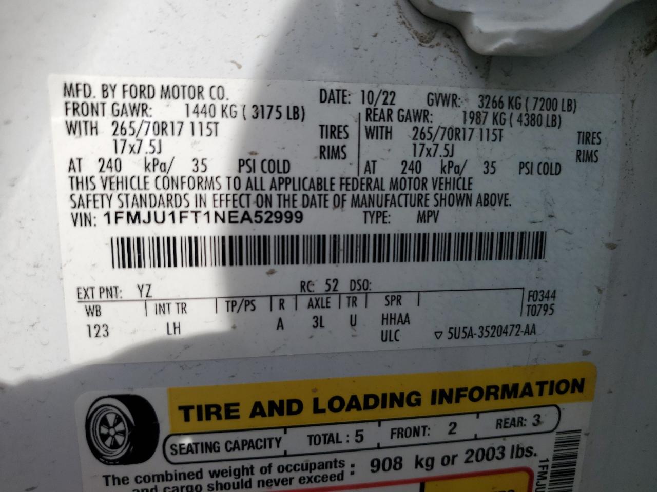 2022 Ford Expedition Xl VIN: 1FMJU1FT1NEA52999 Lot: 52502665