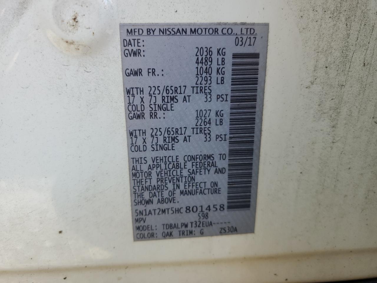 2017 Nissan Rogue S VIN: 5N1AT2MT5HC801458 Lot: 52236365