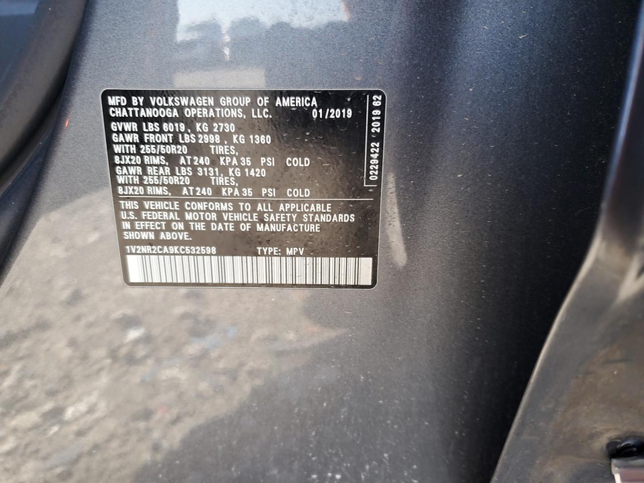 2019 Volkswagen Atlas Sel Premium VIN: 1V2NR2CA9KC532598 Lot: 51748725