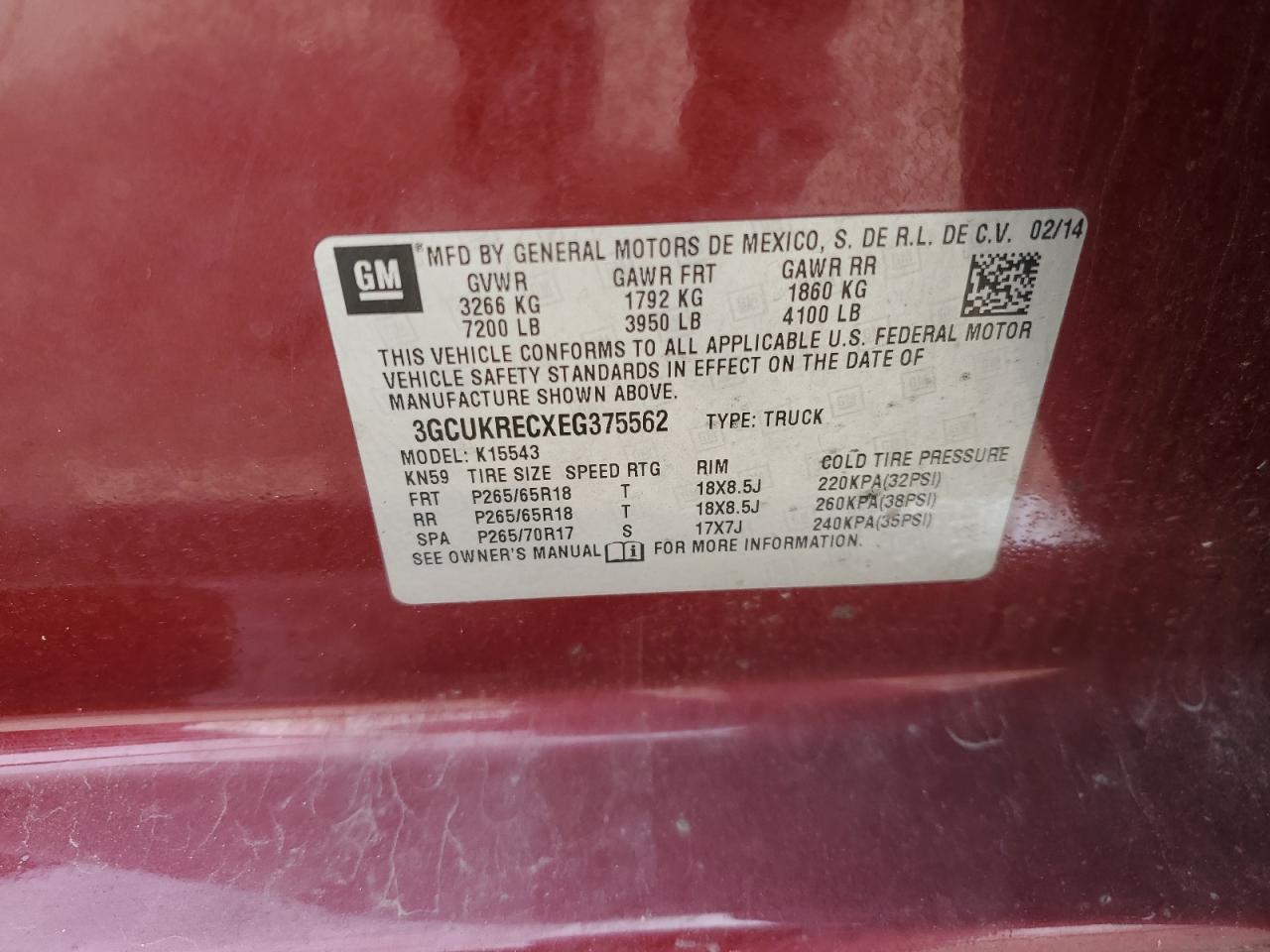 2014 Chevrolet Silverado K1500 Lt VIN: 3GCUKRECXEG375562 Lot: 53648765