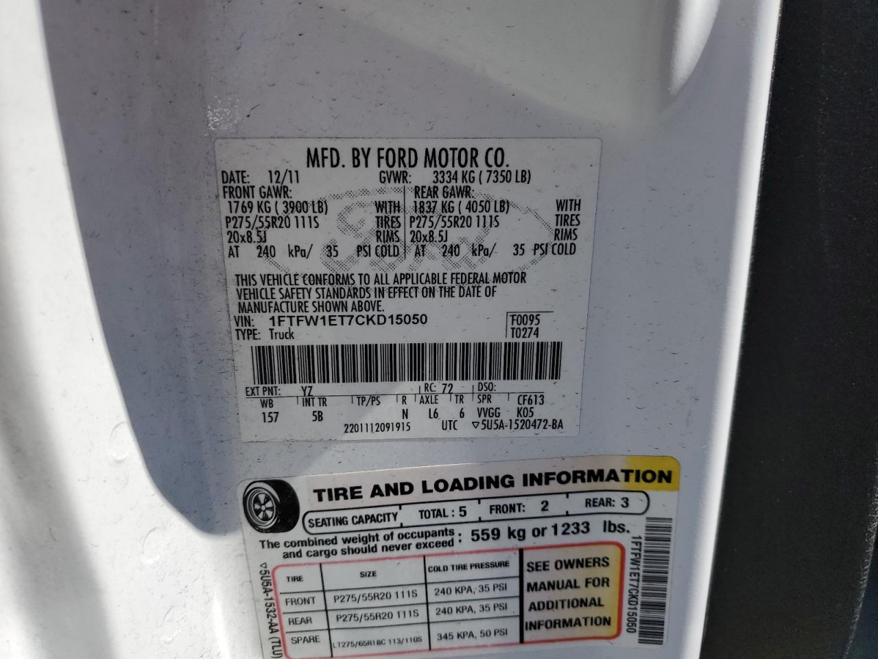 2012 Ford F150 Supercrew VIN: 1FTFW1ET7CKD15050 Lot: 53747445