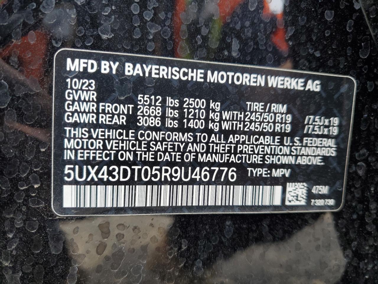 2024 BMW X4 M40I VIN: 5UX43DT05R9U46776 Lot: 55015005