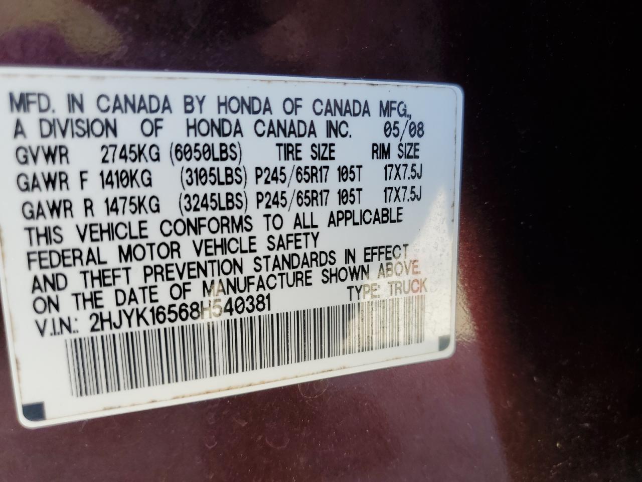 2008 Honda Ridgeline Rtl VIN: 2HJYK16568H540381 Lot: 54991075
