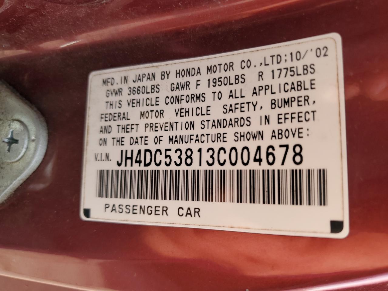 2003 Acura Rsx VIN: JH4DC53813C004678 Lot: 54730445