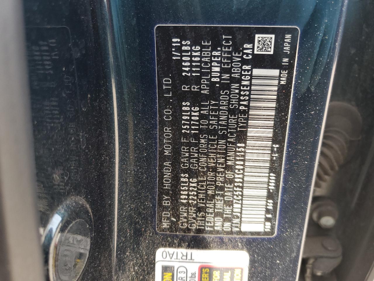 2019 Honda Clarity Touring VIN: JHMZC5F39KC001158 Lot: 51597625