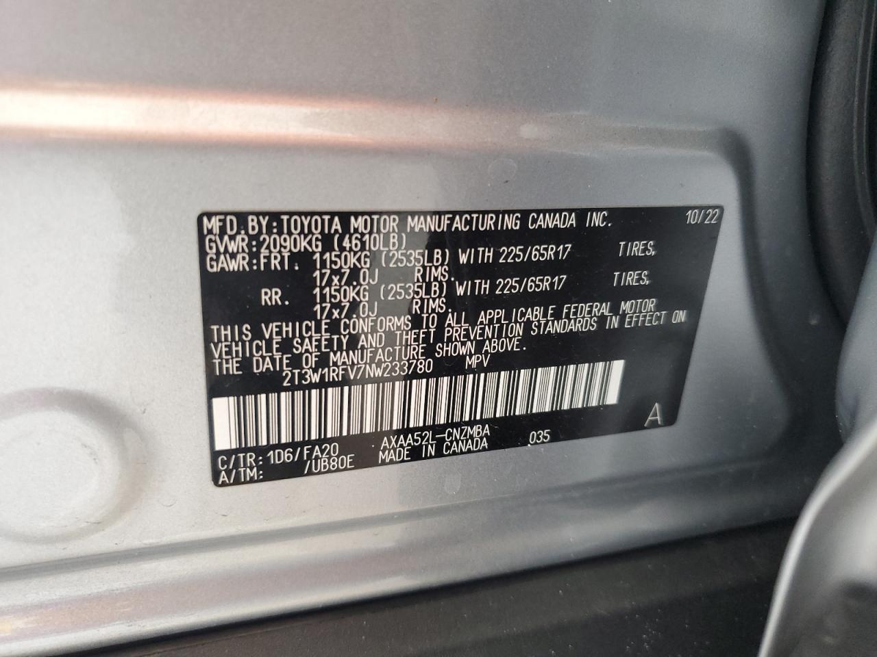 2022 Toyota Rav4 Xle VIN: 2T3W1RFV7NW233780 Lot: 55099615