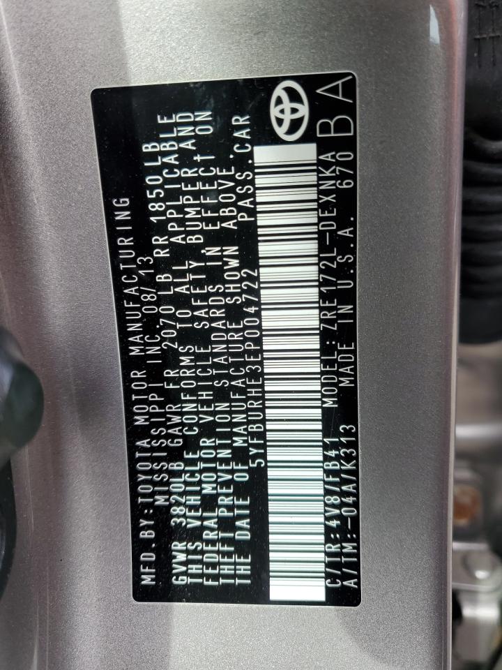 2014 Toyota Corolla L VIN: 5YFBURHE3EP004722 Lot: 54855655