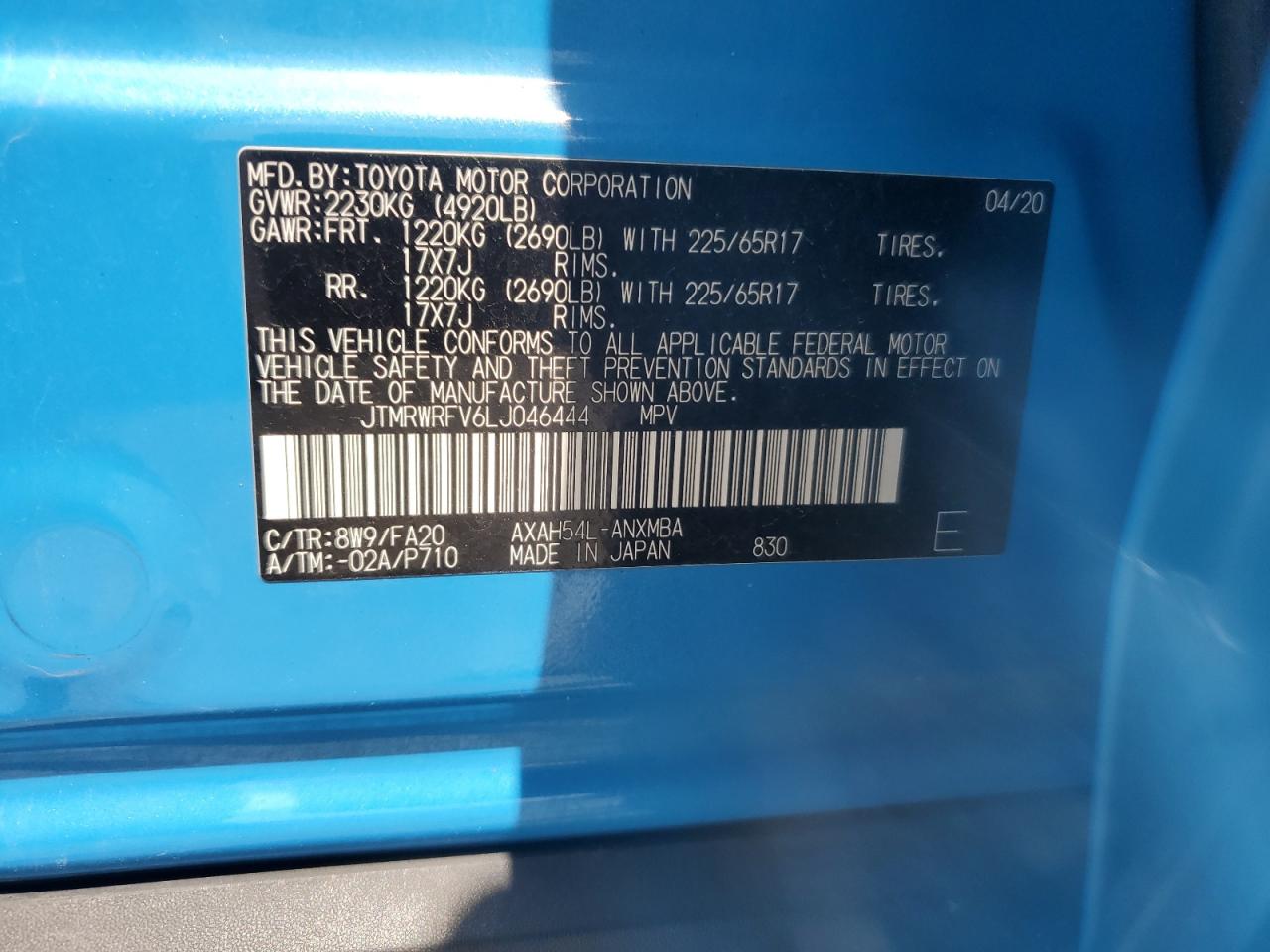 2020 Toyota Rav4 Xle VIN: JTMRWRFV6LJ046444 Lot: 54439325