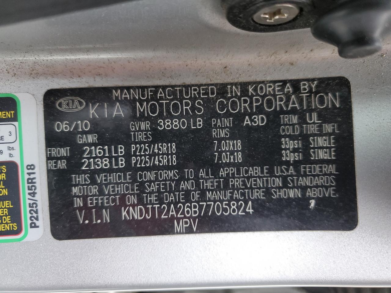 2011 Kia Soul + VIN: KNDJT2A26B7705824 Lot: 53516045