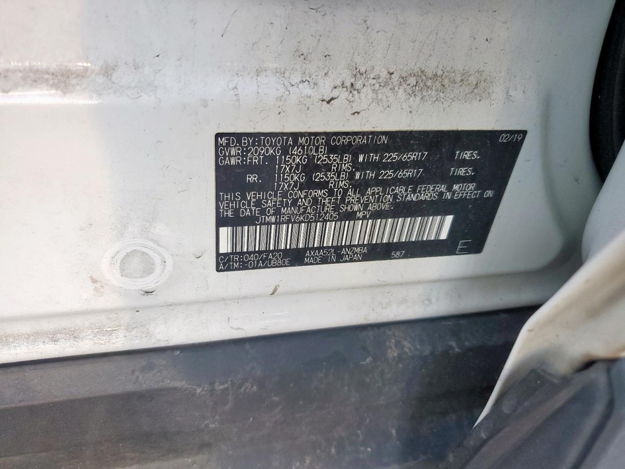 2019 Toyota Rav4 Xle VIN: JTMW1RFV6KD512405 Lot: 53965385