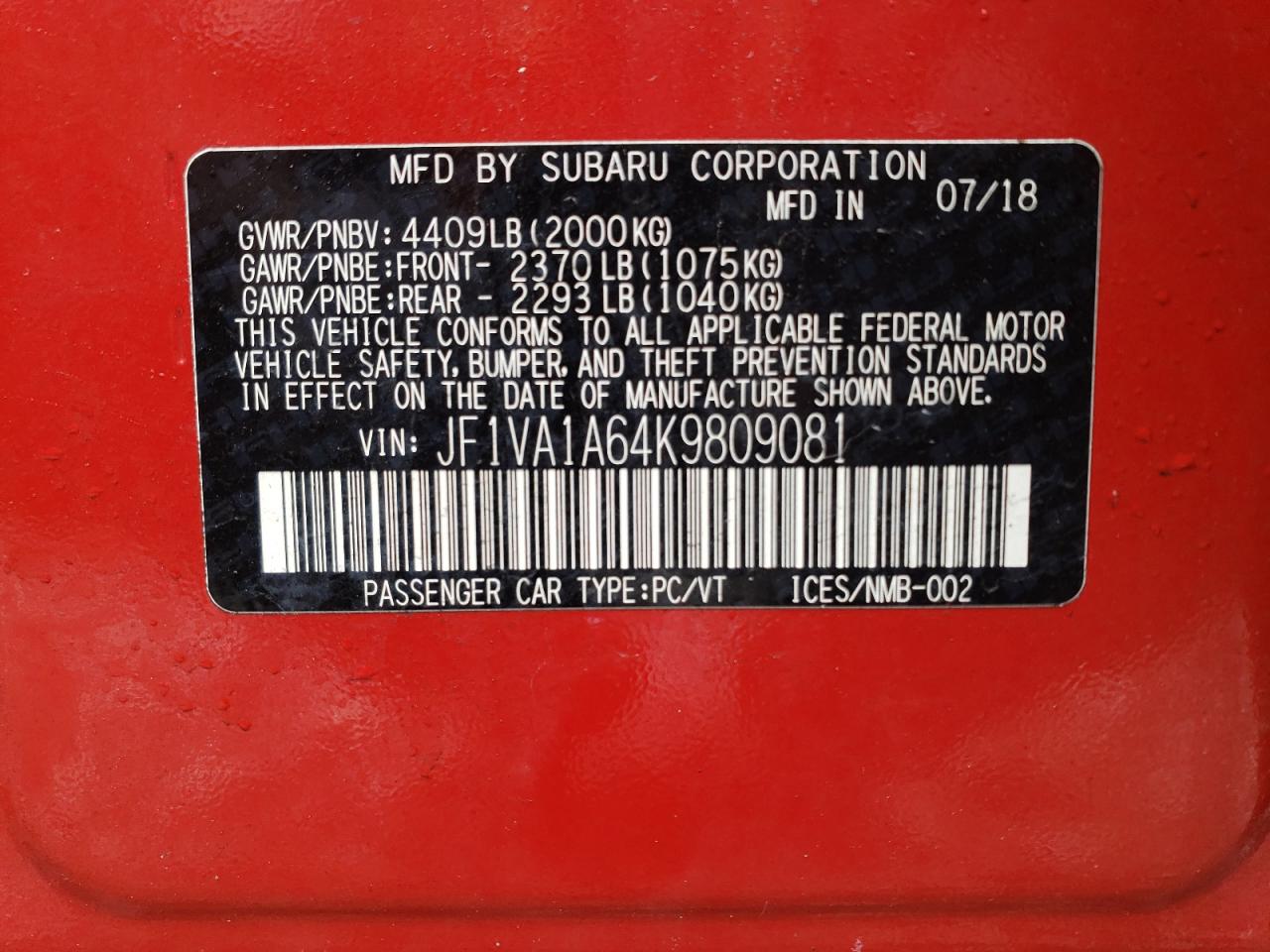 2019 Subaru Wrx VIN: JF1VA1A64K9809081 Lot: 52586815