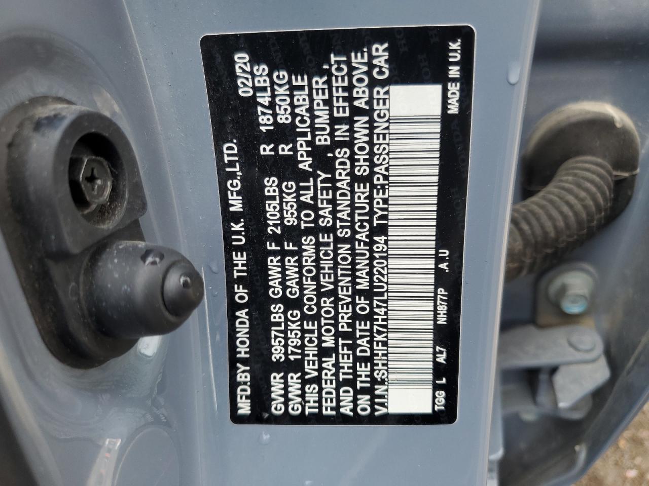 2020 Honda Civic Sport VIN: SHHFK7H47LU220194 Lot: 53807375