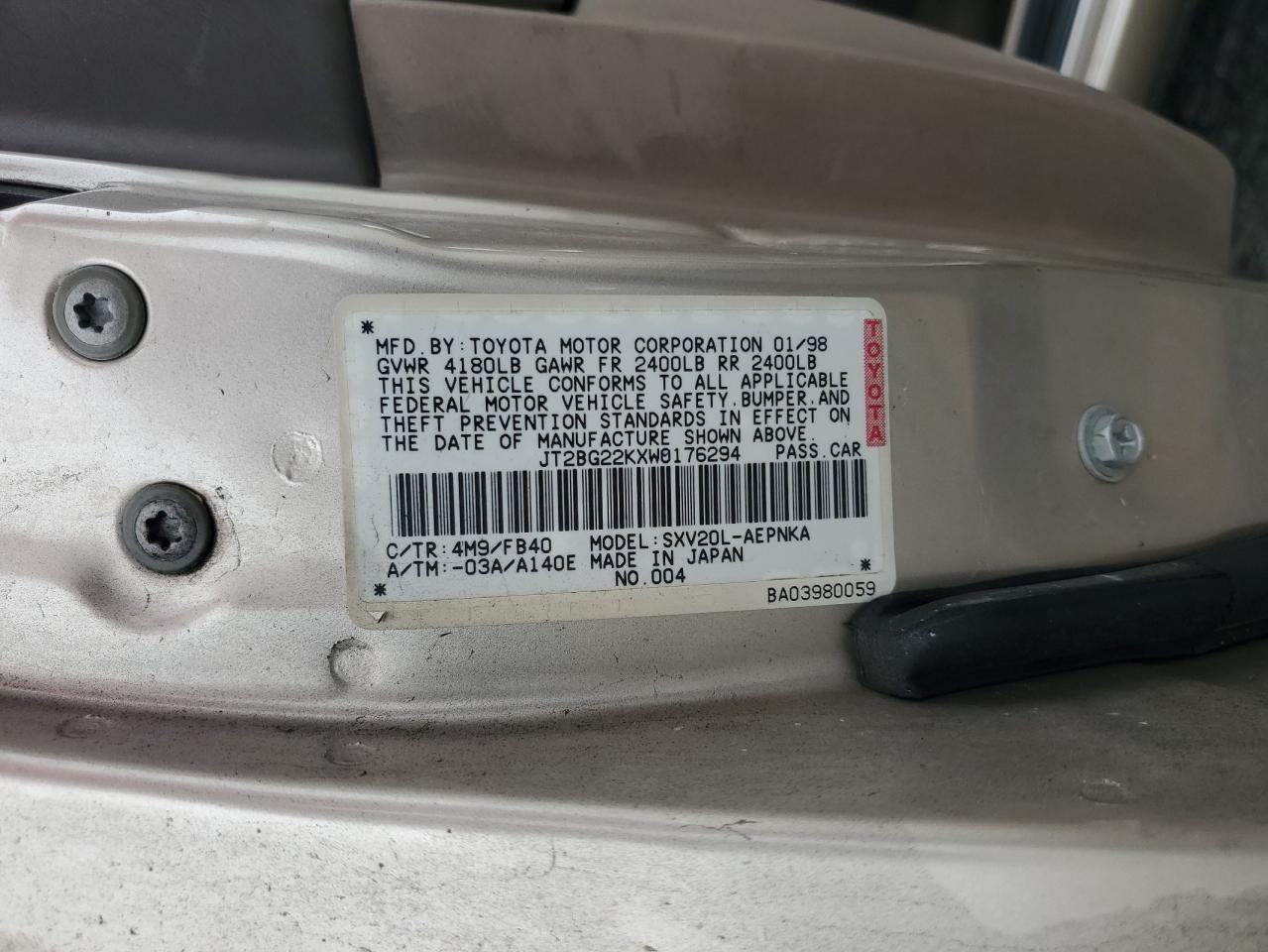 jt2bg22kxw0176294 JT2BG22KXW0176294 1998 Toyota Camry Ce