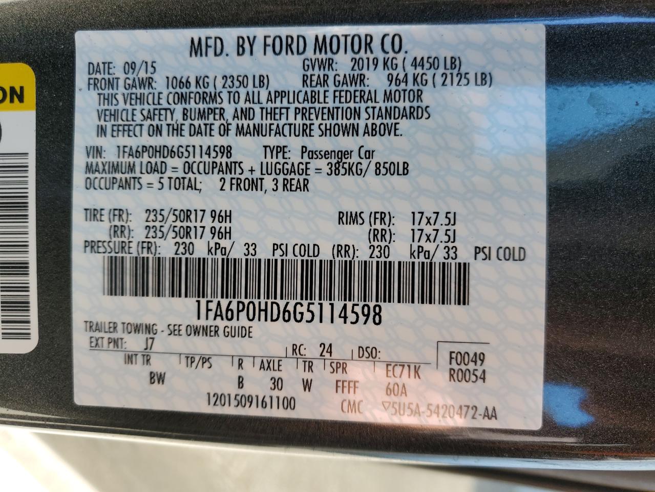 2016 Ford Fusion Se VIN: 1FA6P0HD6G5114598 Lot: 52340745