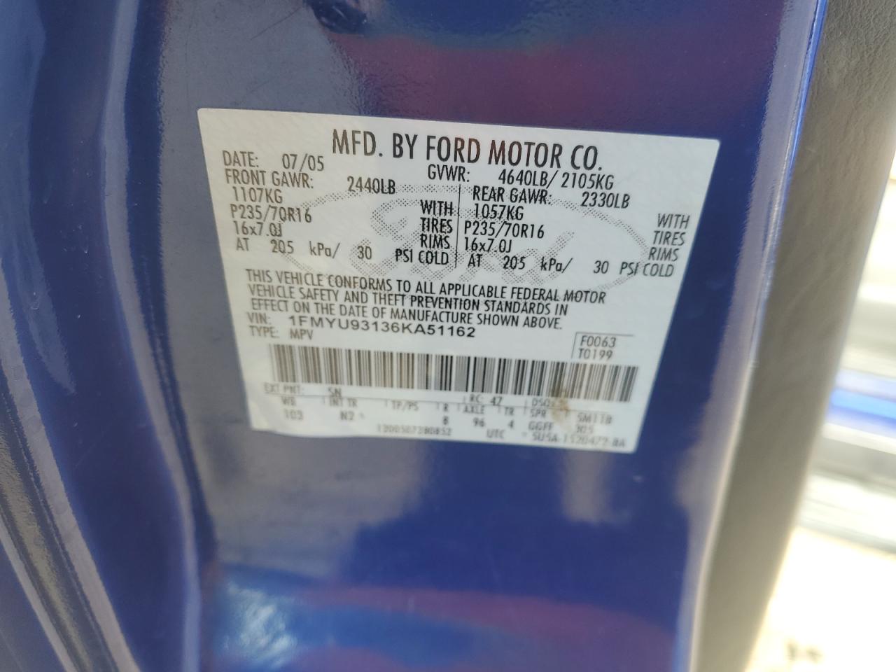 2006 Ford Escape Xlt VIN: 1FMYU93136KA51162 Lot: 52239385