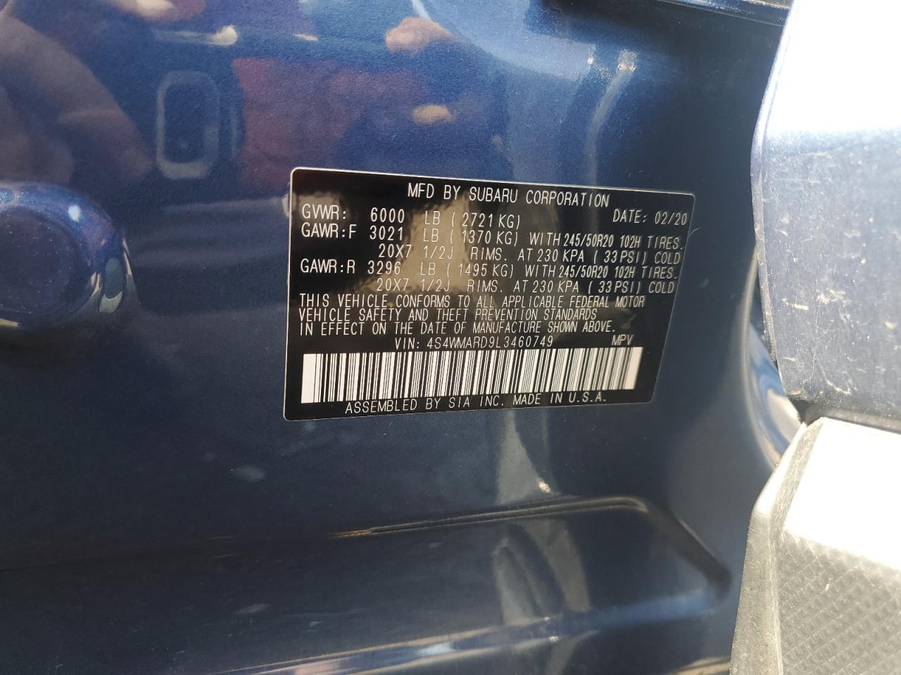 2020 Subaru Ascent Touring VIN: 4S4WMARD9L3460749 Lot: 54084525
