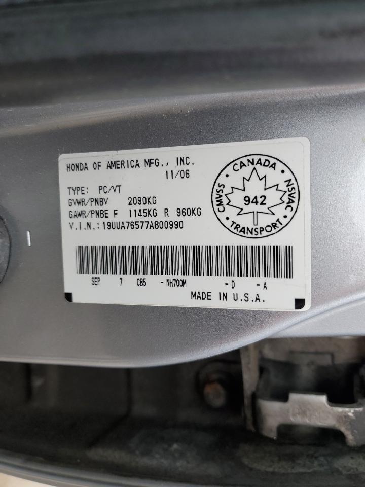 2007 Acura Tl Type S VIN: 19UUA76577A800990 Lot: 51727565