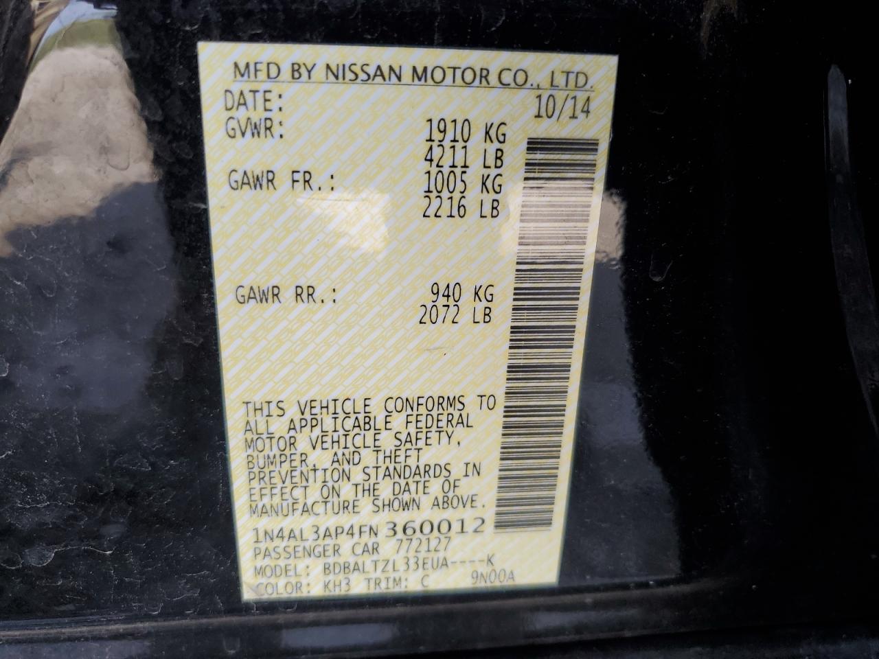 2015 Nissan Altima 2.5 VIN: 1N4AL3AP4FN360012 Lot: 55133185