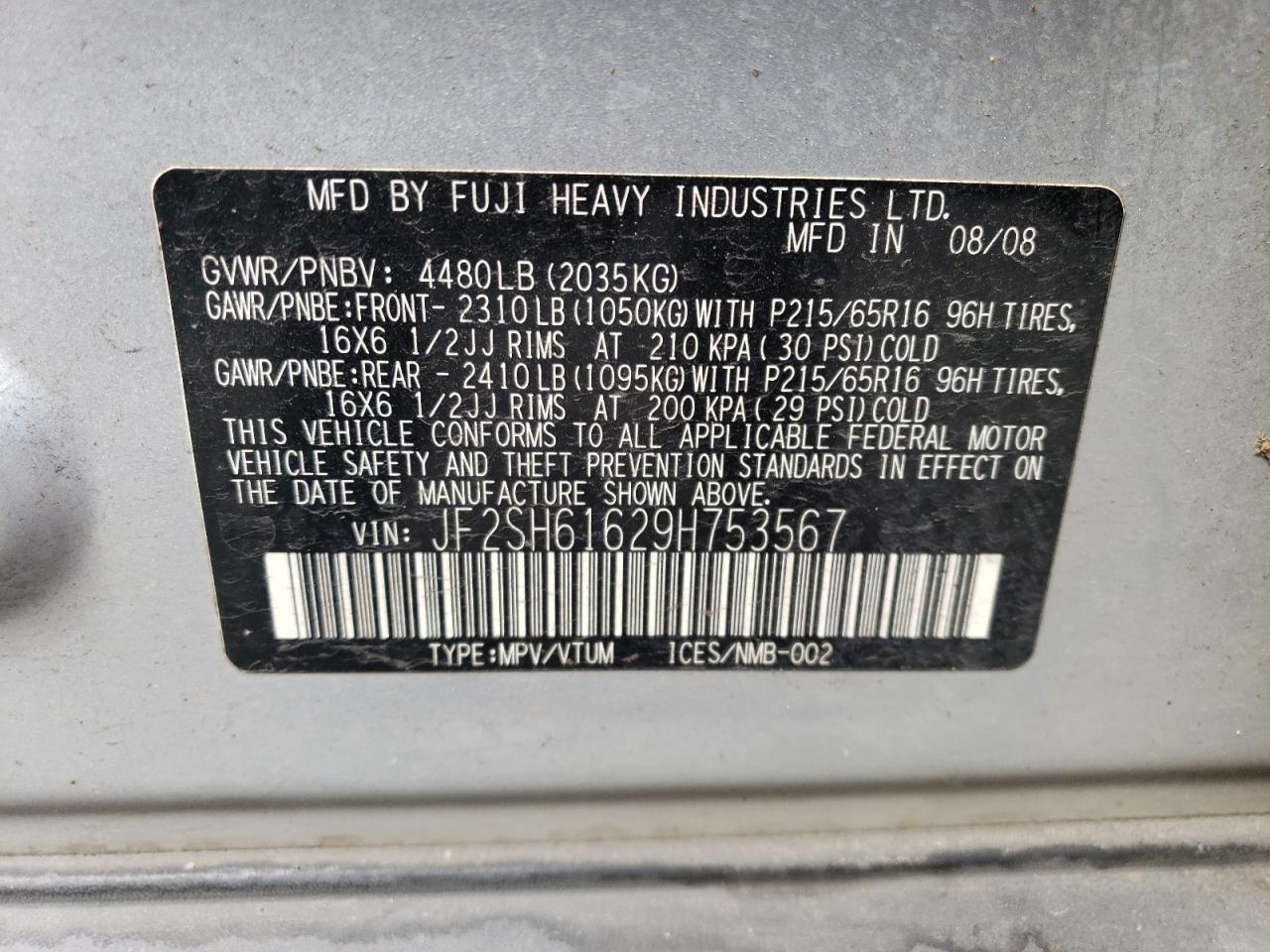 2009 Subaru Forester 2.5X VIN: JF2SH61629H753567 Lot: 54937095