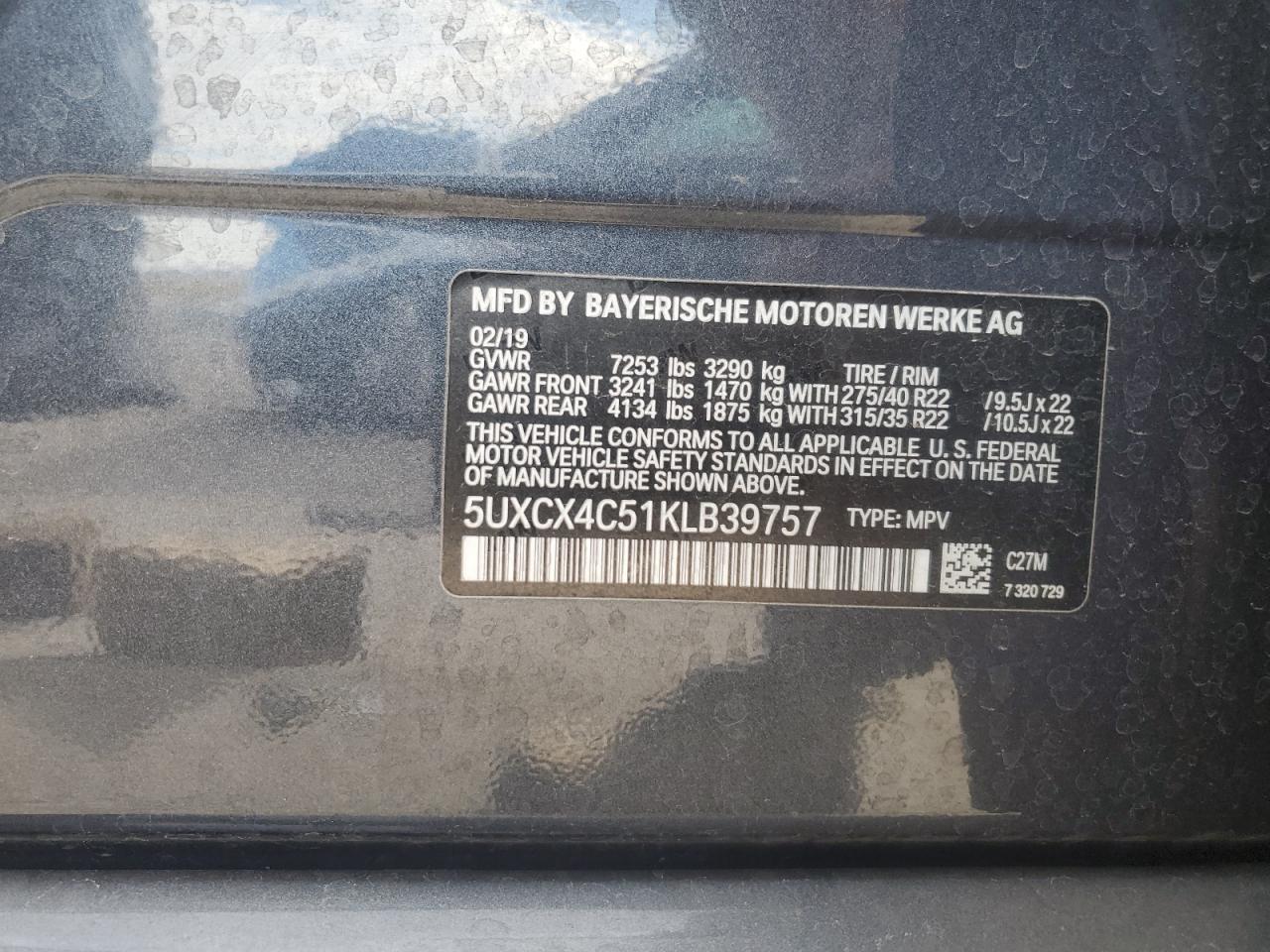 2019 BMW X7 xDrive50I VIN: 5UXCX4C51KLB39757 Lot: 53978215