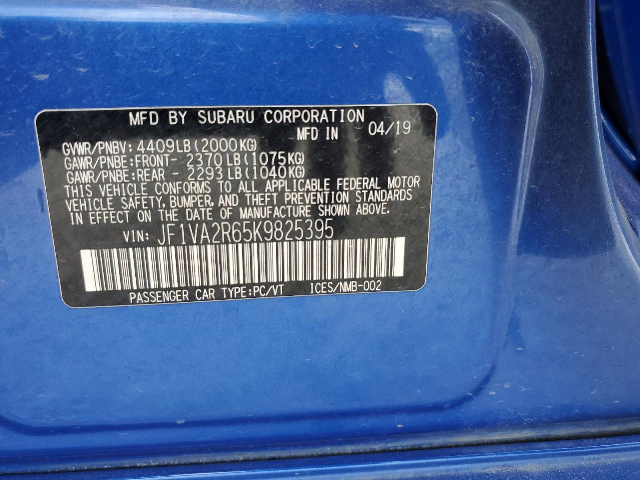 2019 Subaru Wrx Sti VIN: JF1VA2R65K9825395 Lot: 55168155