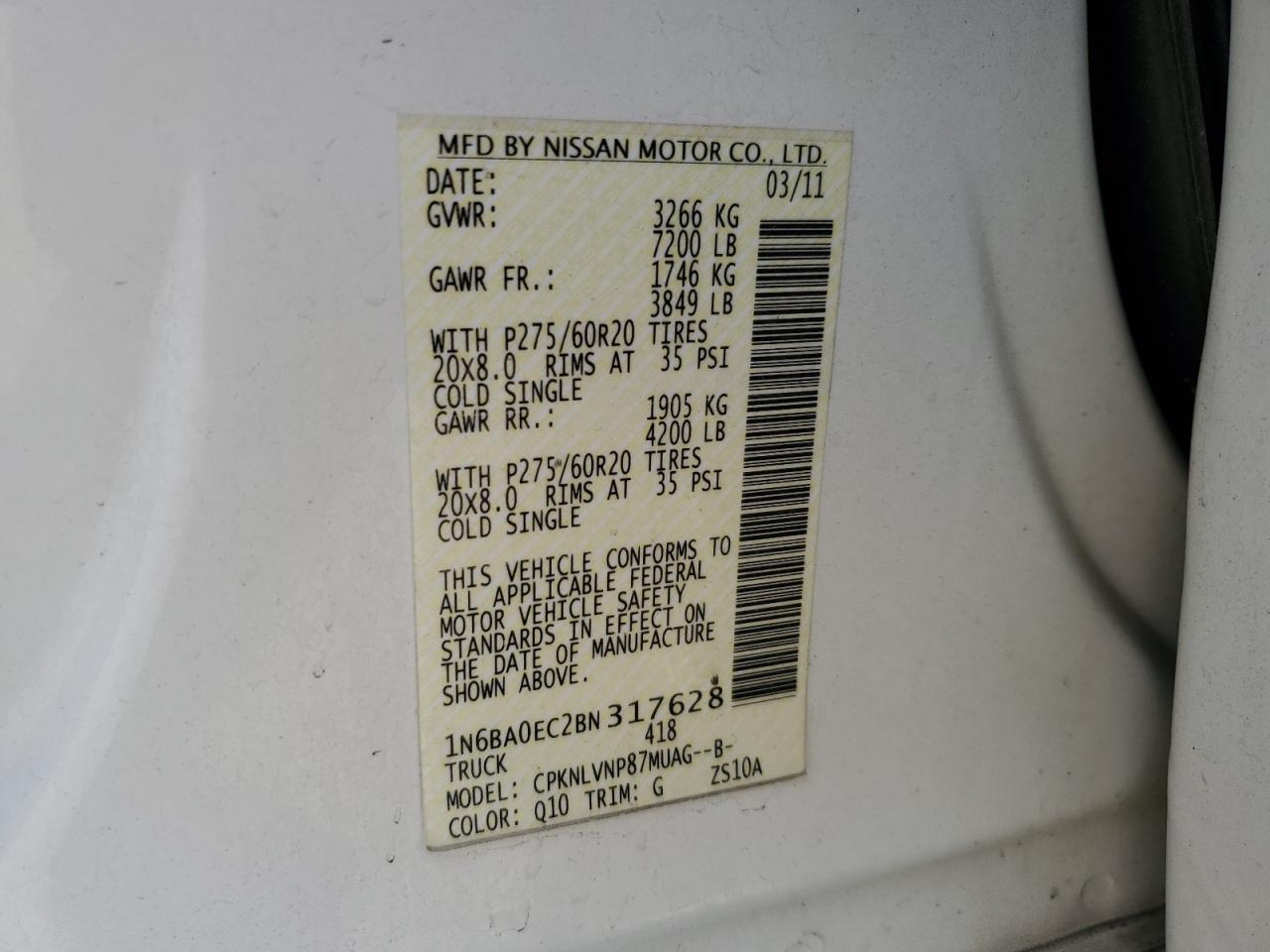 2011 Nissan Titan S VIN: 1N6BA0EC2BN317628 Lot: 52367505