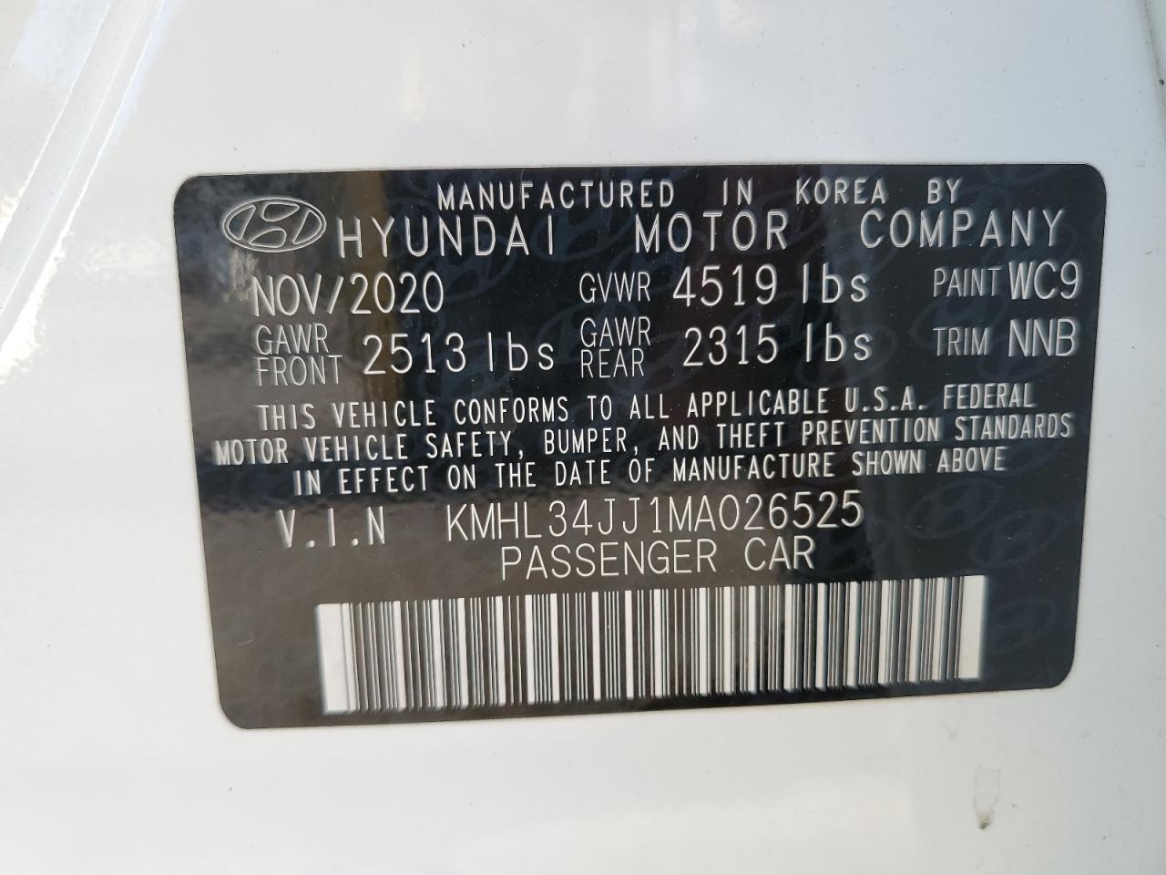 2021 Hyundai Sonata Hybrid VIN: KMHL34JJ1MA026525 Lot: 51709575
