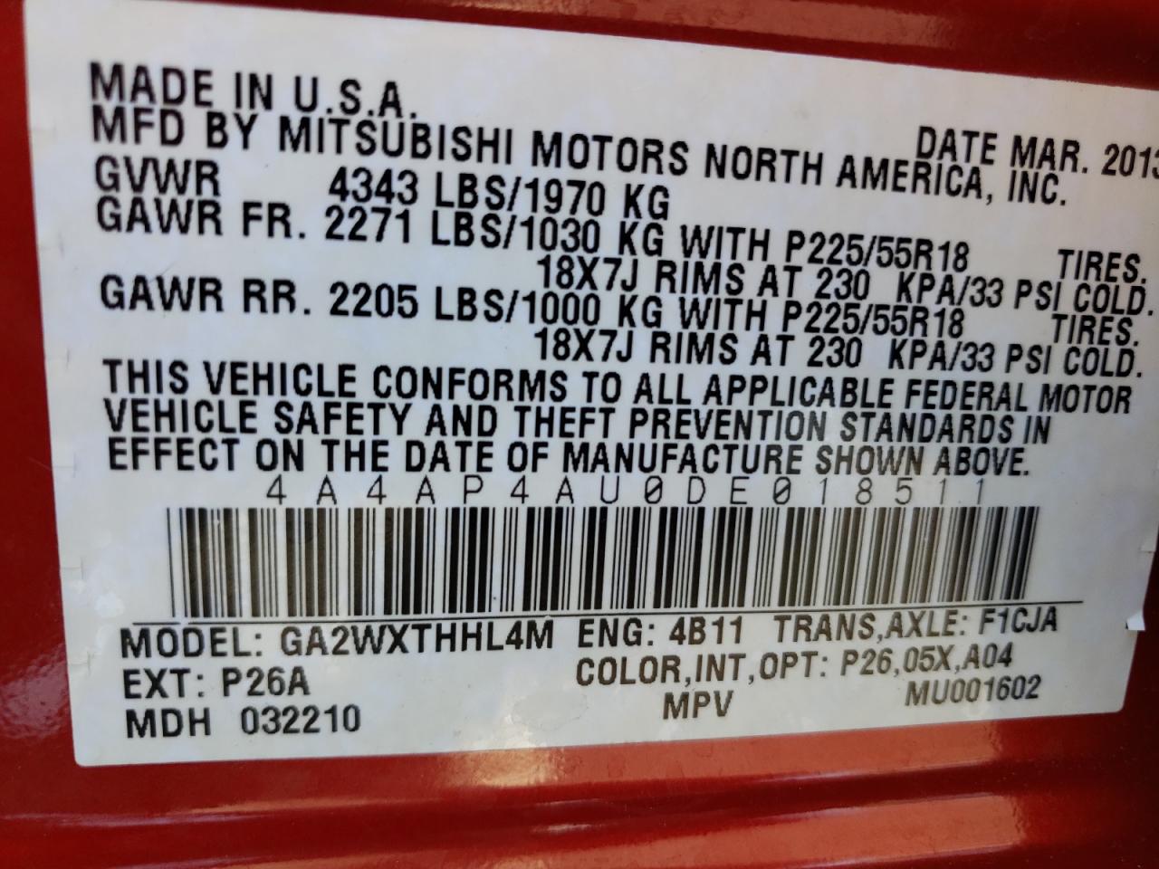 2013 Mitsubishi Outlander Sport Se VIN: 4A4AP4AU0DE018511 Lot: 54977165