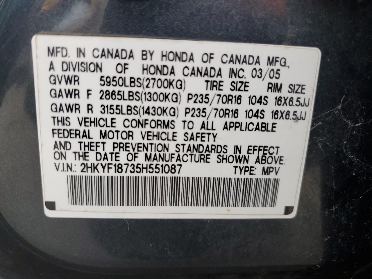 2005 Honda Pilot Exl VIN: 2HKYF18735H551087 Lot: 53953665