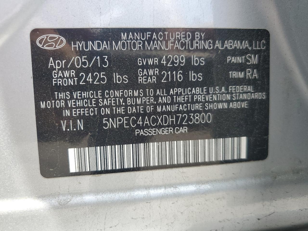 2013 Hyundai Sonata Se VIN: 5NPEC4ACXDH723800 Lot: 55149995