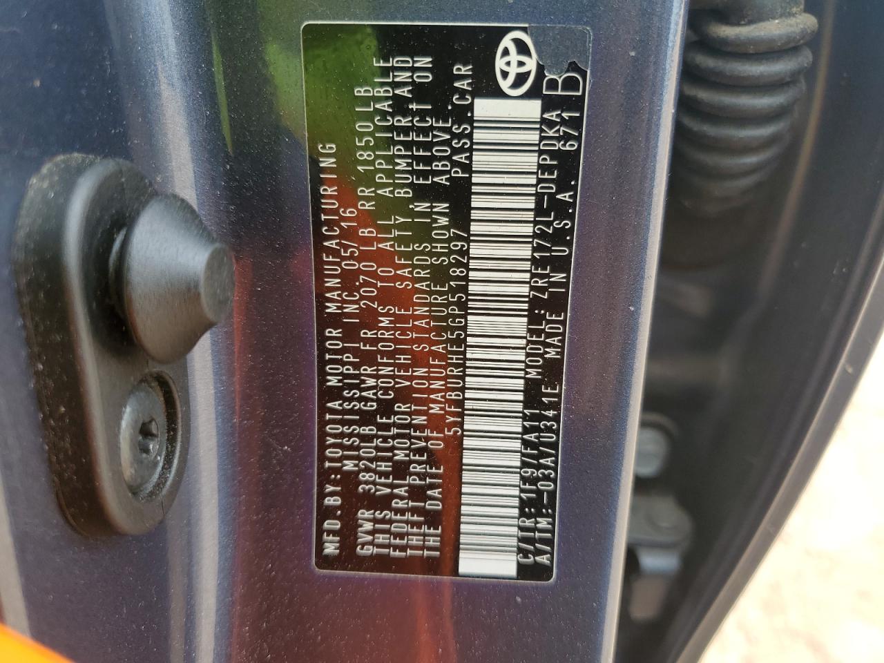 5YFBURHE5GP518297 TOYOTA COROLLA 2016