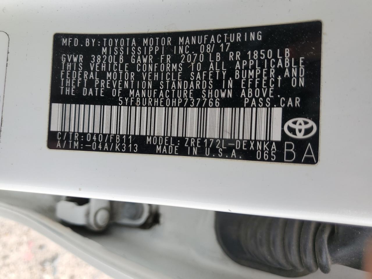 2017 Toyota Corolla L VIN: 5YFBURHE0HP737766 Lot: 55273985