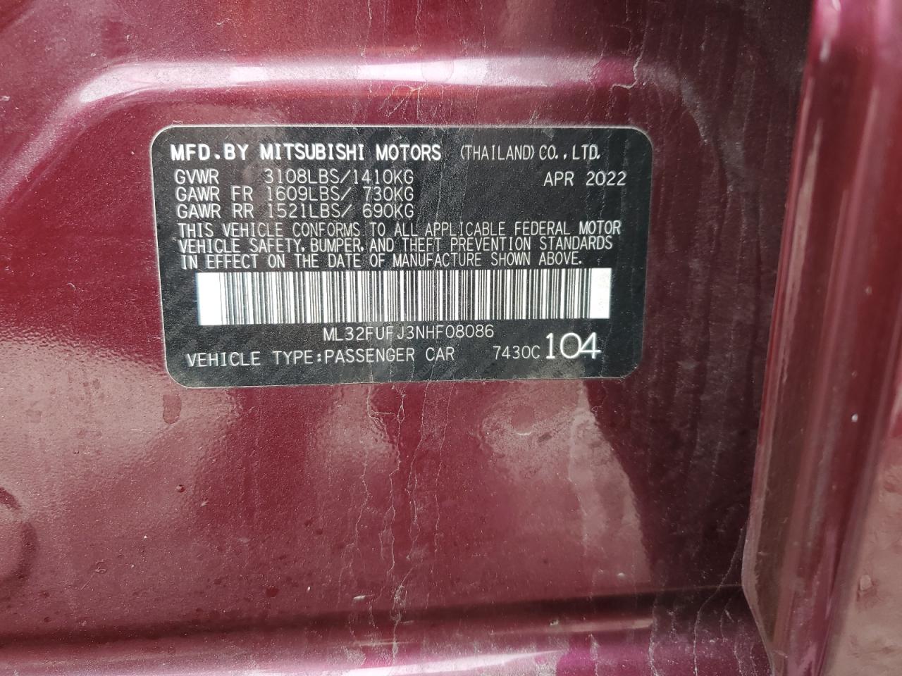 2022 Mitsubishi Mirage G4 Es VIN: ML32FUFJ3NHF08086 Lot: 51950045