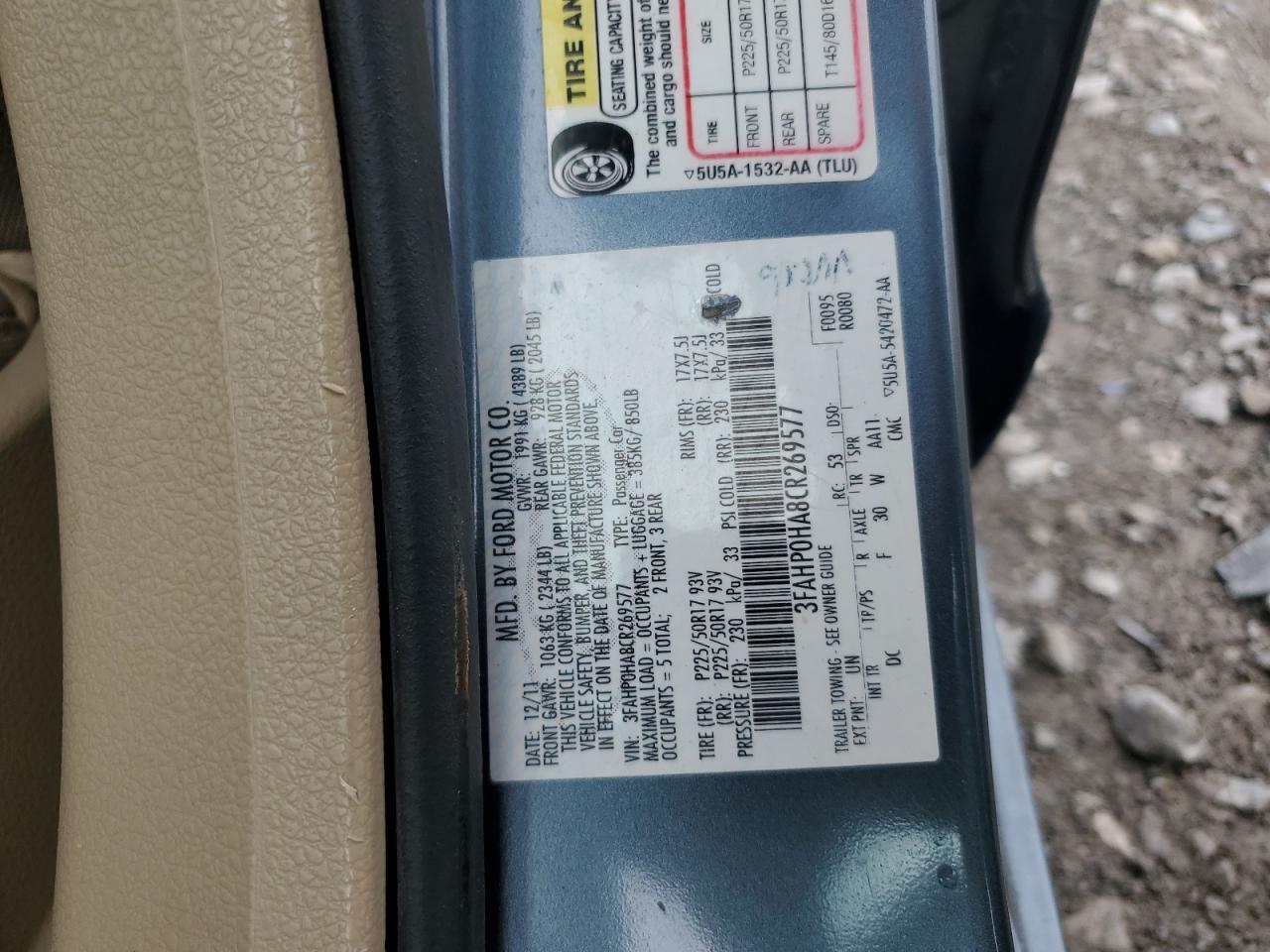 2012 Ford Fusion Se VIN: 3FAHP0HA8CR269577 Lot: 54344395