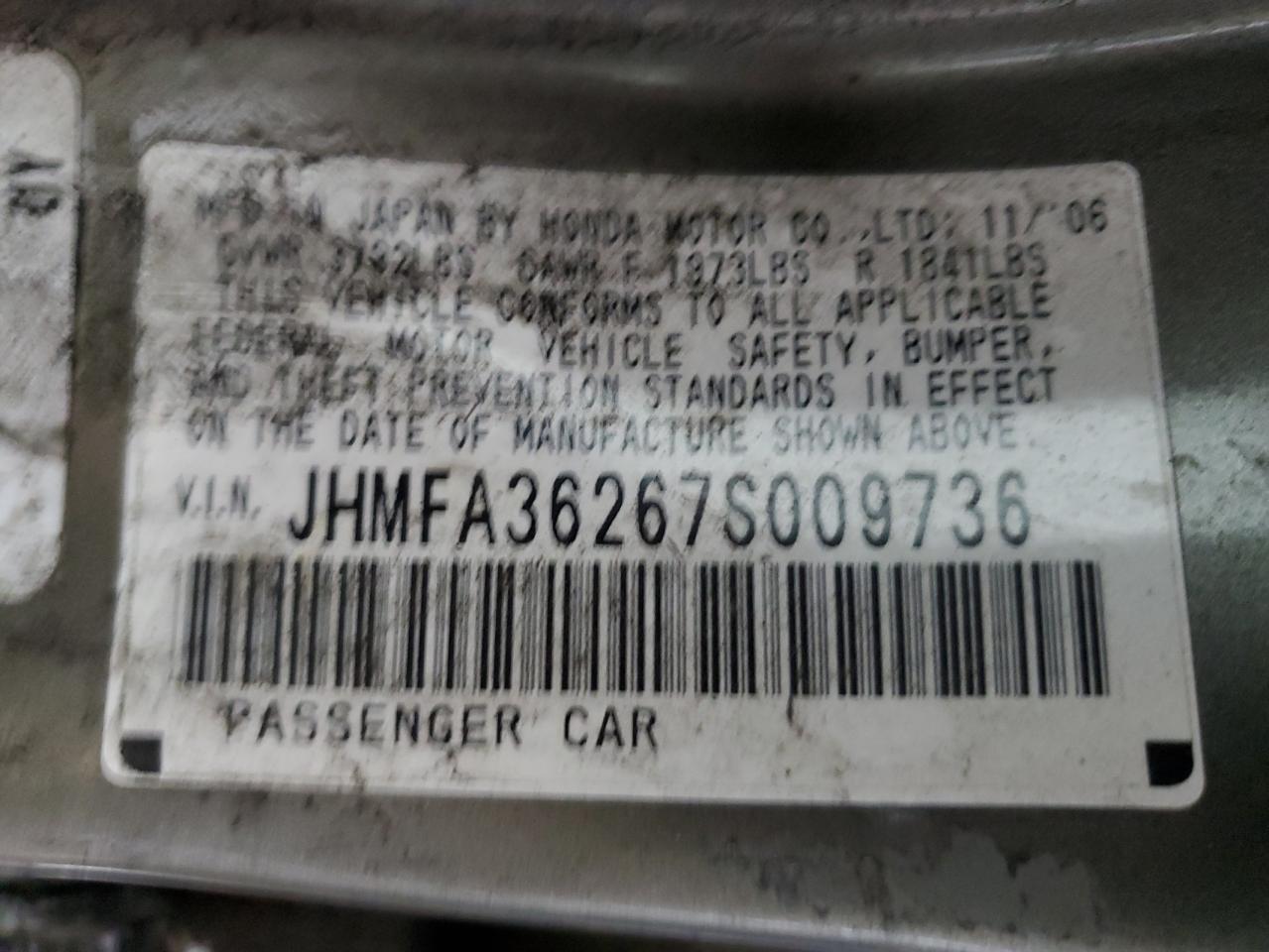 2007 Honda Civic Hybrid VIN: JHMFA36267S009736 Lot: 59705745