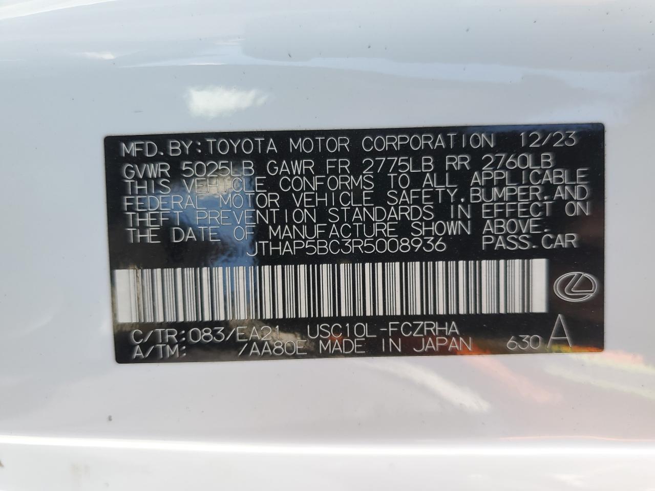 2024 Lexus Rc-F Base VIN: JTHAP5BC3R5008936 Lot: 60244375