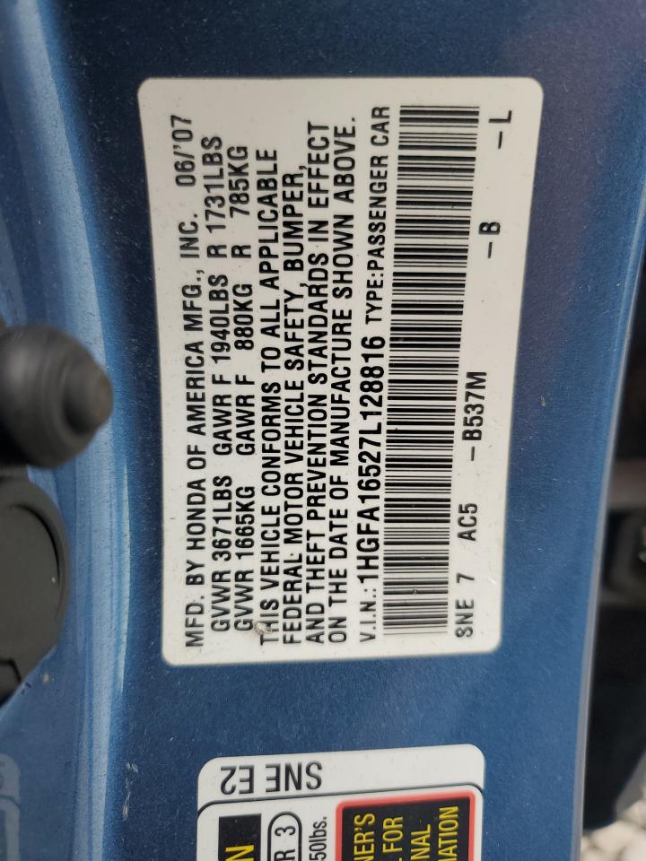 2007 Honda Civic Lx VIN: 1HGFA16527L128816 Lot: 53806365