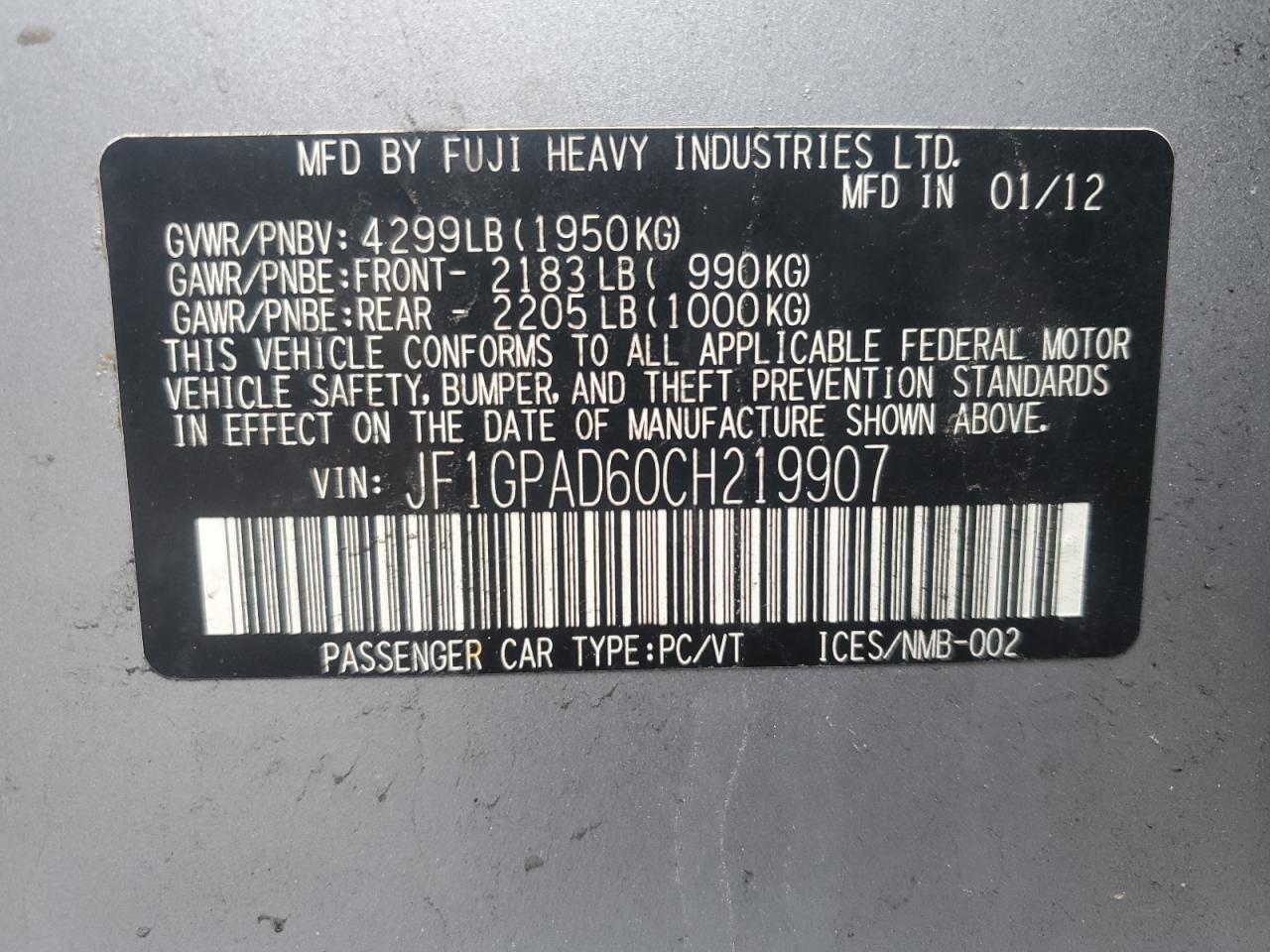 2012 Subaru Impreza Premium VIN: JF1GPAD60CH219907 Lot: 51622585