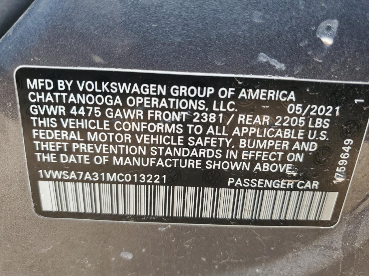 2021 Volkswagen Passat Se VIN: 1VWSA7A31MC013221 Lot: 55215815