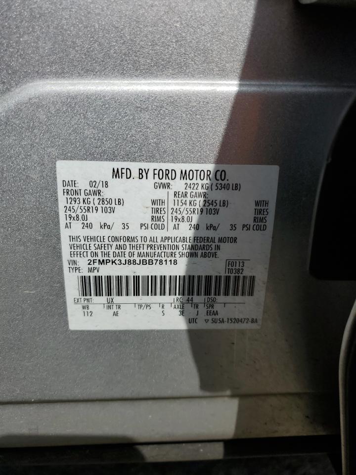 2018 Ford Edge Sel VIN: 2FMPK3J88JBB78118 Lot: 54115745
