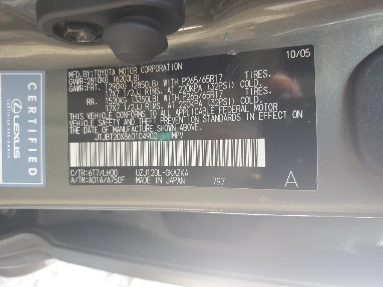 2006 Lexus Gx 470 VIN: JTJBT20X860104900 Lot: 54877755